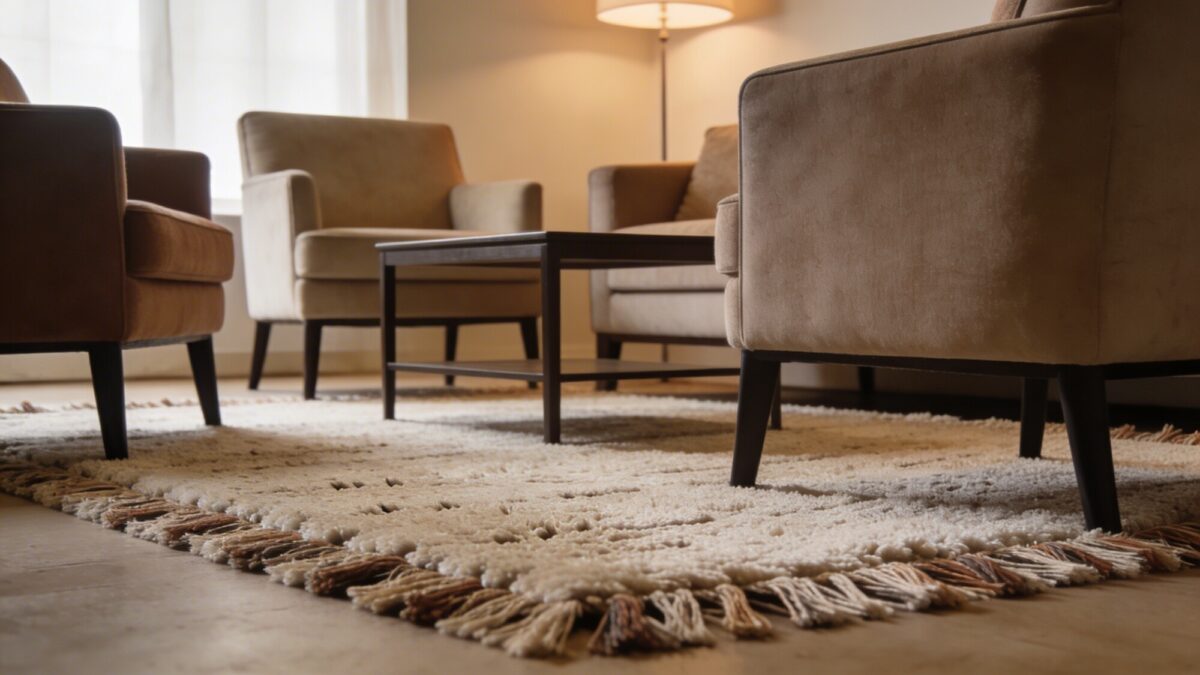 A living room with a plush, textured rug beneath a four-piece seating arrangement (sofa and three chairs), coffee table in the center, and visible rug fringe to add warmth.