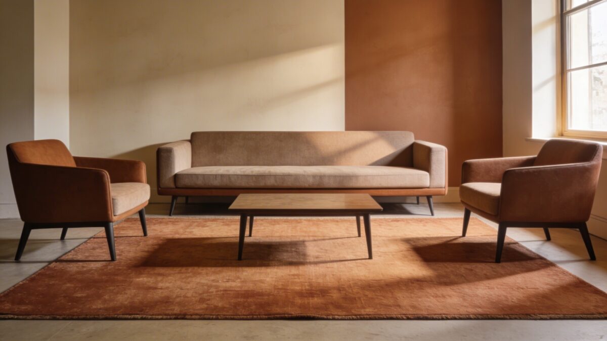 A cozy living room centered around a large rectangular rug under a low-profile sofa and two armchairs, with the front legs of all seating on the rug, warm natural-light from a window, and a coffee table in the middle; soft textures, earthy tones, and a subtle accent wall.