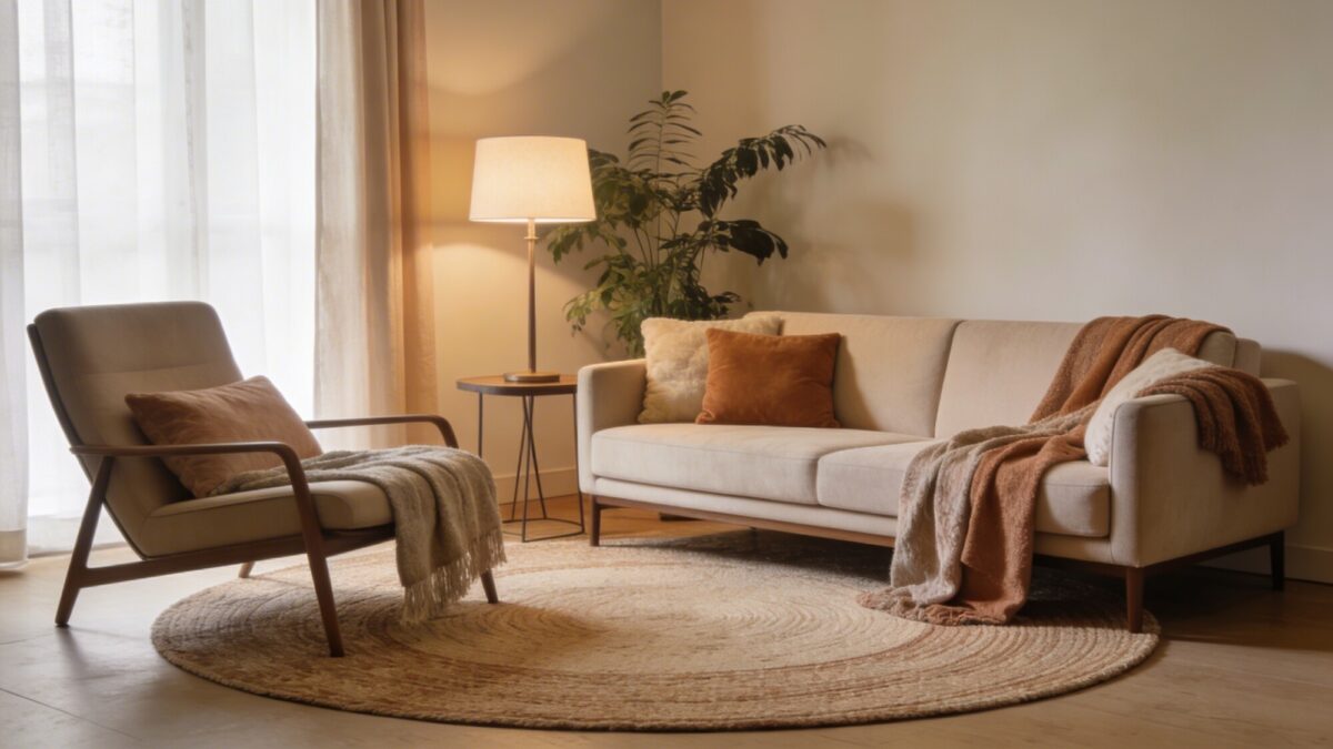 A modern rug living room layout featuring a circular rug under a sofa and lounge chair arrangement, with a side table and floor lamp, plants in the background, and a layered textile look (throws and cushions) for added coziness.