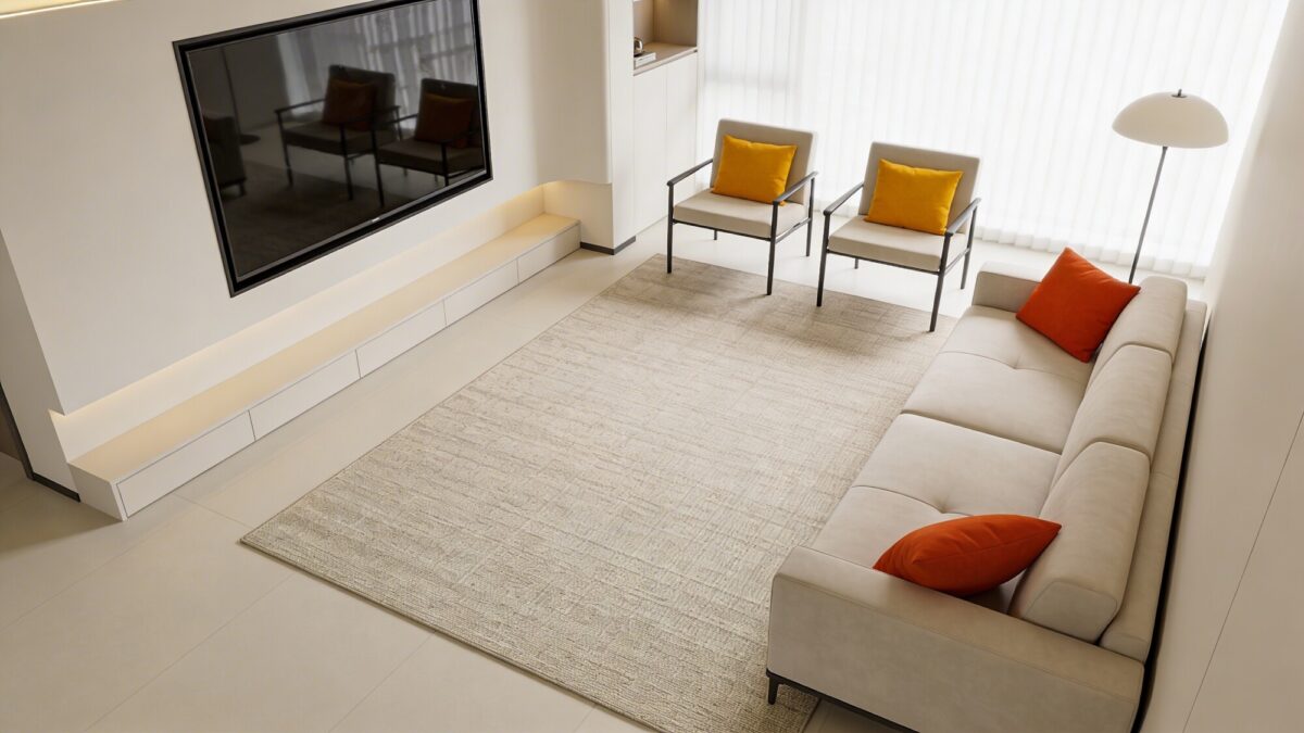 An oversized rectangular rug anchoring a seating area in a minimalist living room, showing the rug extending under the front legs of a sofa and two chairs, a large flat-screen on the wall, and a neutral palette with a pop of color in cushions.