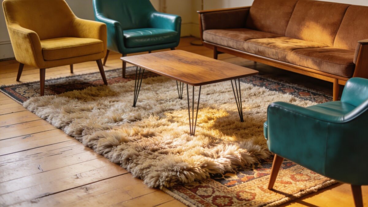 A cozy, layered rug setup with a textured shag rug under a mid-century sofa, a pair of mismatched accent chairs, and a coffee table; warm lighting, natural wood flooring, and a soft, inviting atmosphere.