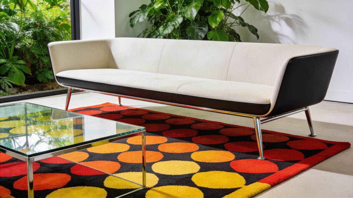 A high-contrast rug living room with a bold, patterned rug under a streamlined sofa, metal legs and glass coffee table, and greenery in the background; balanced proportions ensuring the rug supports all seating.