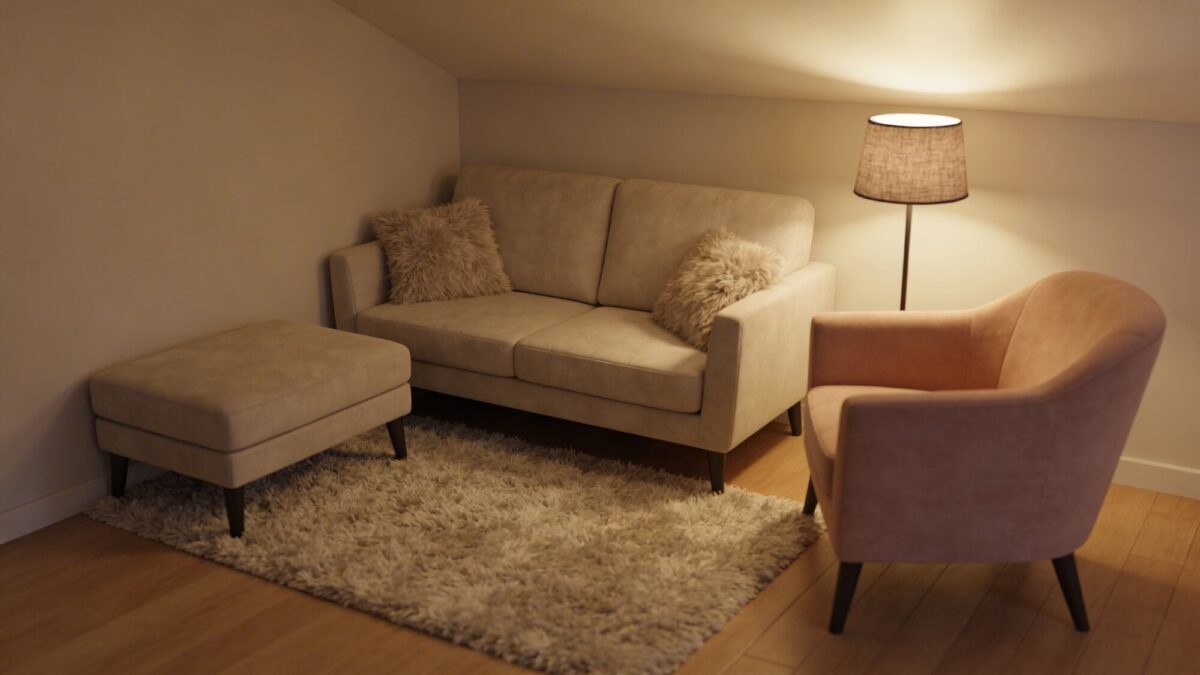 An intimate rug-centered living area in a small space, with a compact sofa, single chair, and a compact rug that extends under the front legs of the seating; ottoman, floor lamp, and soft textures to maximize coziness.