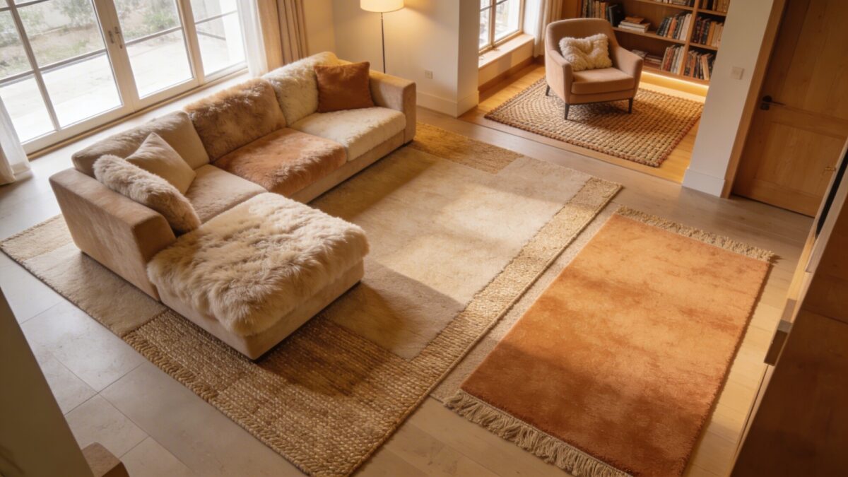 A multi-zone rug layout in an open-plan living space, with two distinct rugs: a seating rug under a sofa cluster and a small rug by the reading nook; clear visual boundaries, layered textures, and warm, inviting tones.