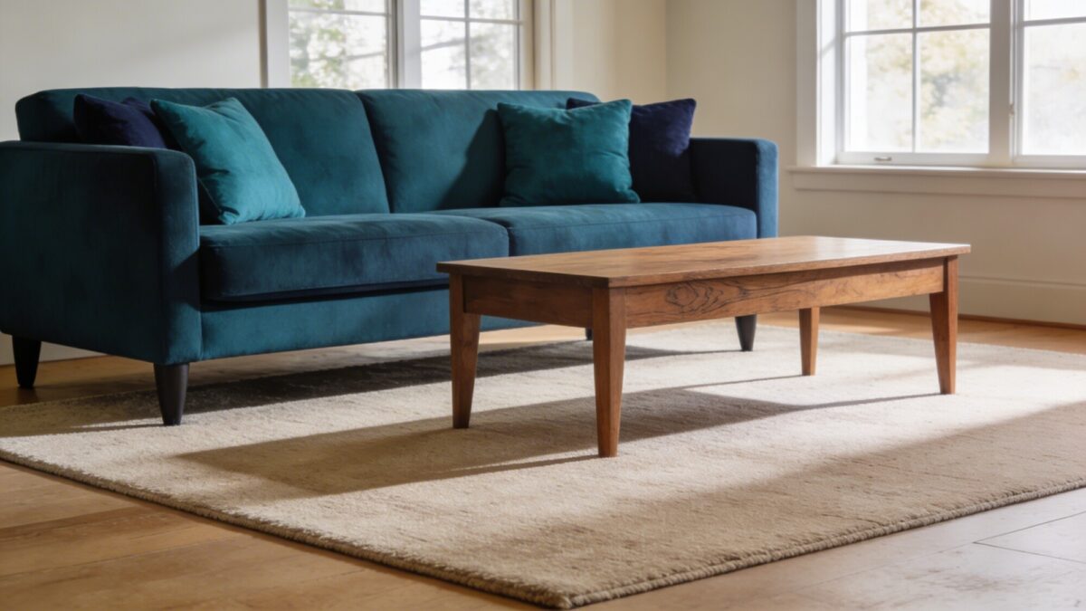 A rug-focused living room with a low-pile, neutral rug anchoring a teal or navy sofa and coordinating cushions, a wooden coffee table, natural light from large windows, and a rug size that comfortably fits all main seating legs.