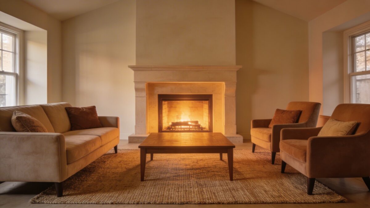 A cozy living room centered around a warm fireplace as the focal point, with a medium-sized rug that tucks under the front legs of all seating and anchors a sofa, two armchairs, and a coffee table in a cohesive color palette.
