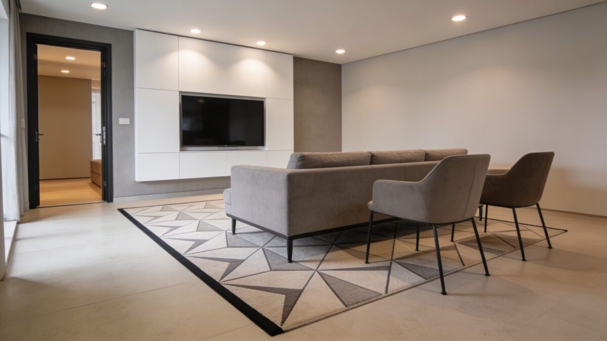 A modern TV-wall setup in a living room, with a geometric rug sized to extend under the front legs of the sofa and chairs, creating a unified seating area while clearly defining traffic flow from the doorway to the sofa.