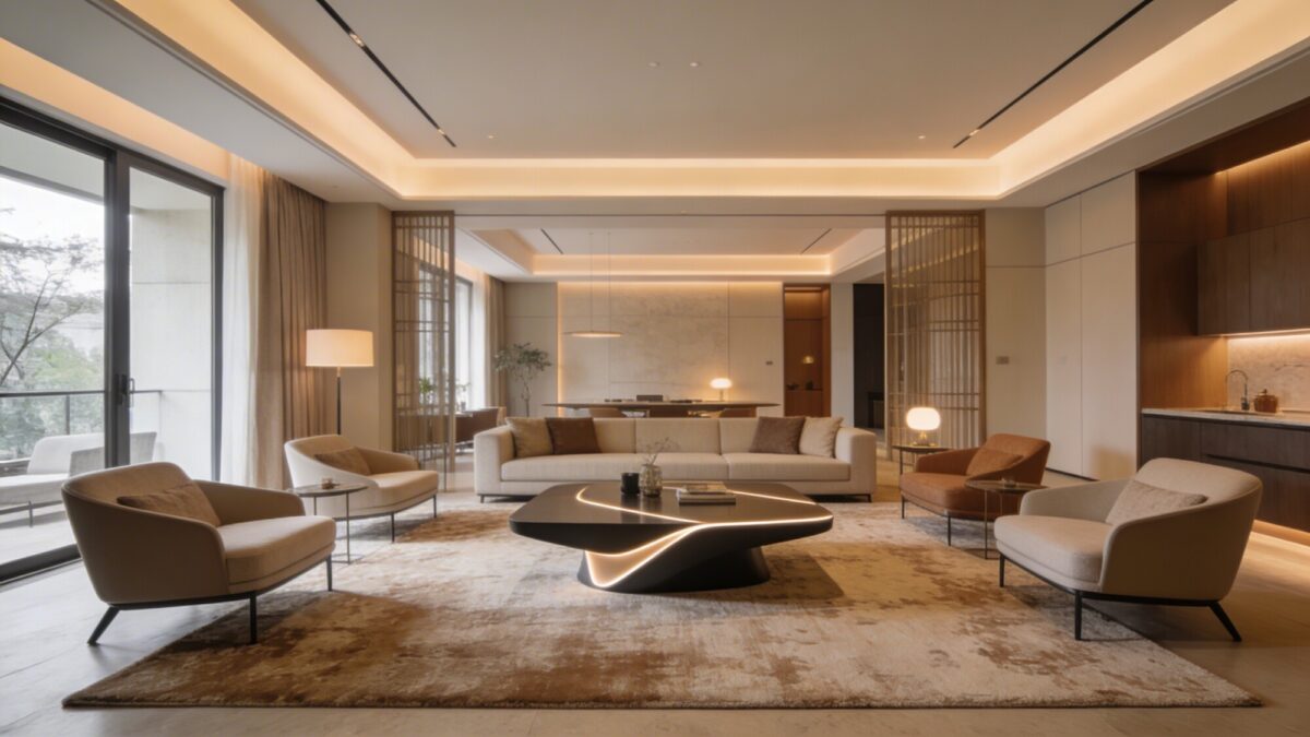 A spacious lounge with a striking coffee table as the focal point, featuring a large rug that fits the entire seating area, inviting conversation and ensuring toes don’t toast against hard floors when moving between seating.