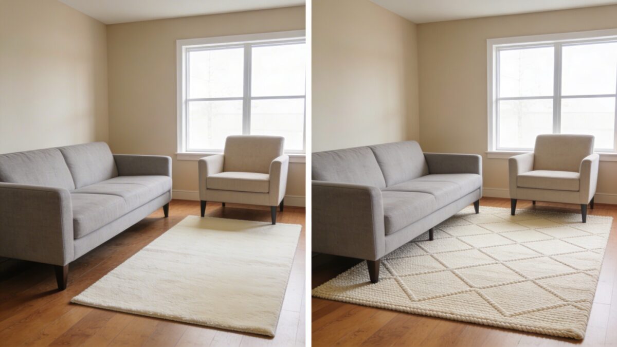 A small-to-mid living room where the rug only under half the sofa is avoided, showing the incorrect placement next to a stylish comparison scene, and a correct setup with the rug fully under the front legs of all seating.