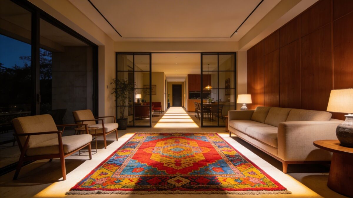 A high-contrast living room with a bold, colorful rug anchoring a neutral sofa and chairs, demonstrating how the rug defines traffic paths and creates a cozy, intentional vibe.