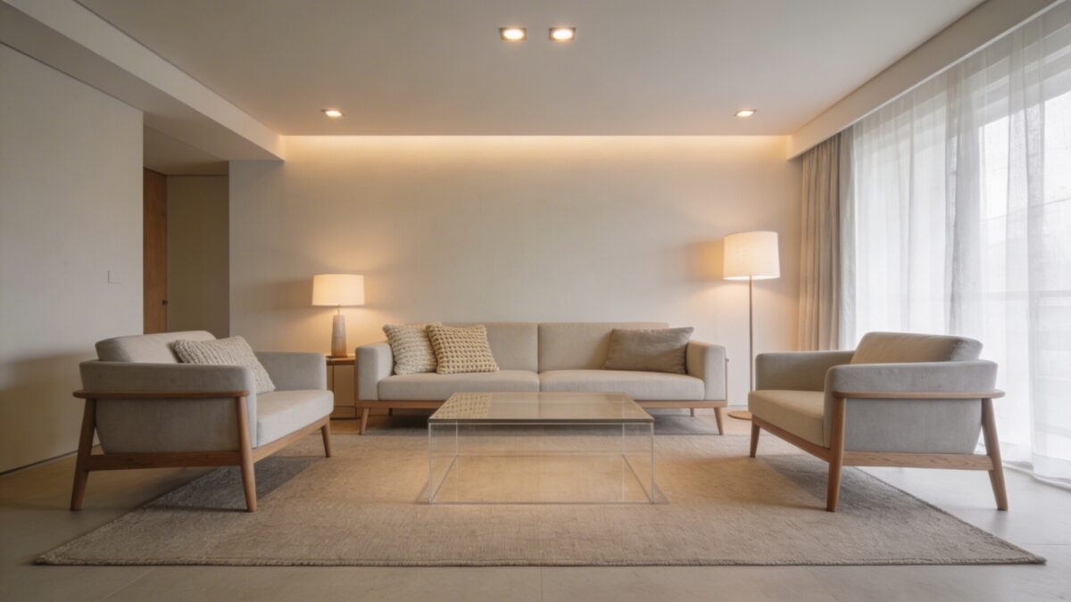 A minimalistic living room with layered textures, a neutral rug under all seating front legs, and a subtle, warm lighting scheme that emphasizes anchored seating and clear circulation around the coffee table.