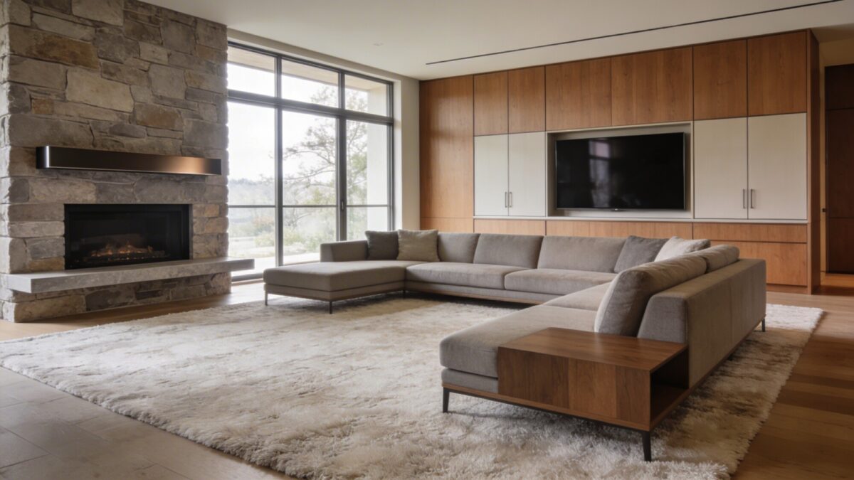An elevated designer living room showing a rug large enough to cover the entire seating area, with a fireplace on one side and a TV wall on the opposite, illustrating a balanced focal point and cohesive layout.