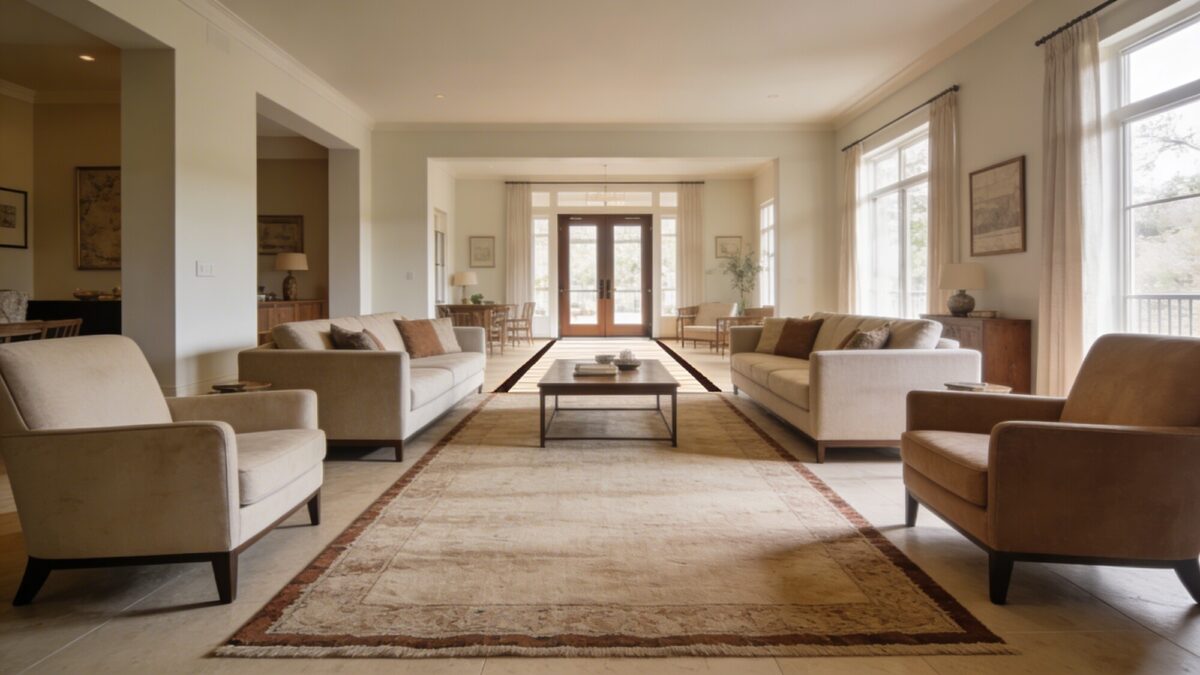 A daylight-filled living room with a rug sized to bring everyone together without forcing a mini-cocktail-hop, featuring a central coffee table, surrounding seating, and a clearly defined pathway from entry to seating.