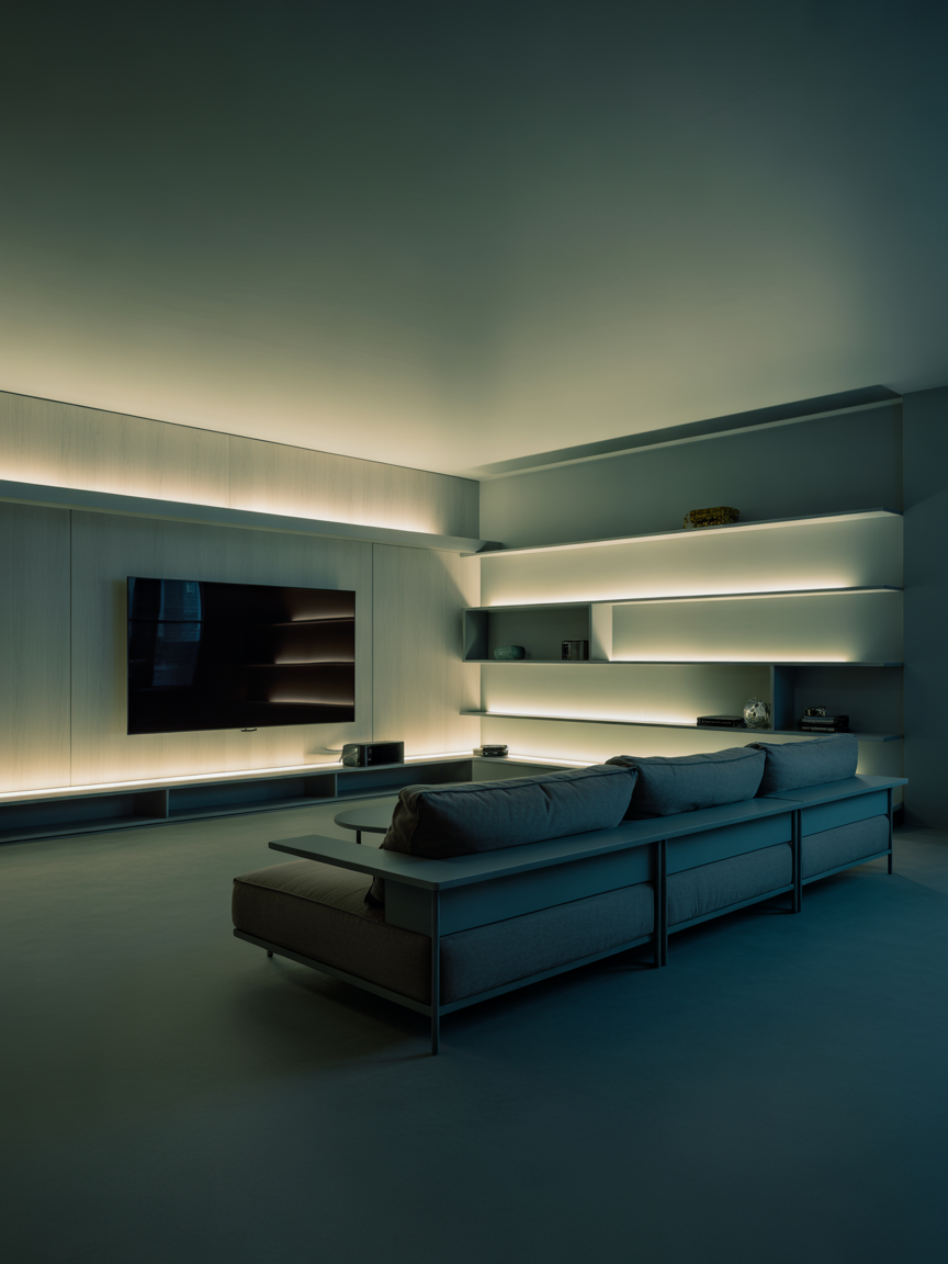 15. Sleek Tech-Forward Living Room