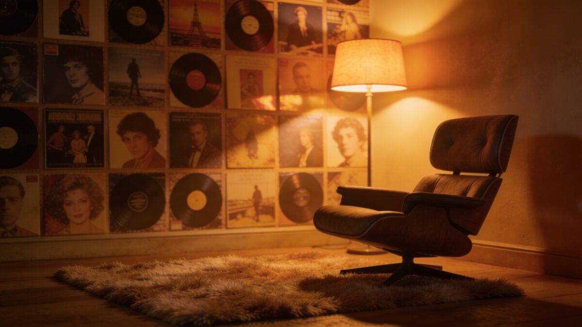 A cozy living room corner with warm lamp-artist album cover wallpaper featuring soft amber gradients, hazy reflections, and subtle retro shadows, a mid-century armchair, and a plush rug under dim ambient lighting.