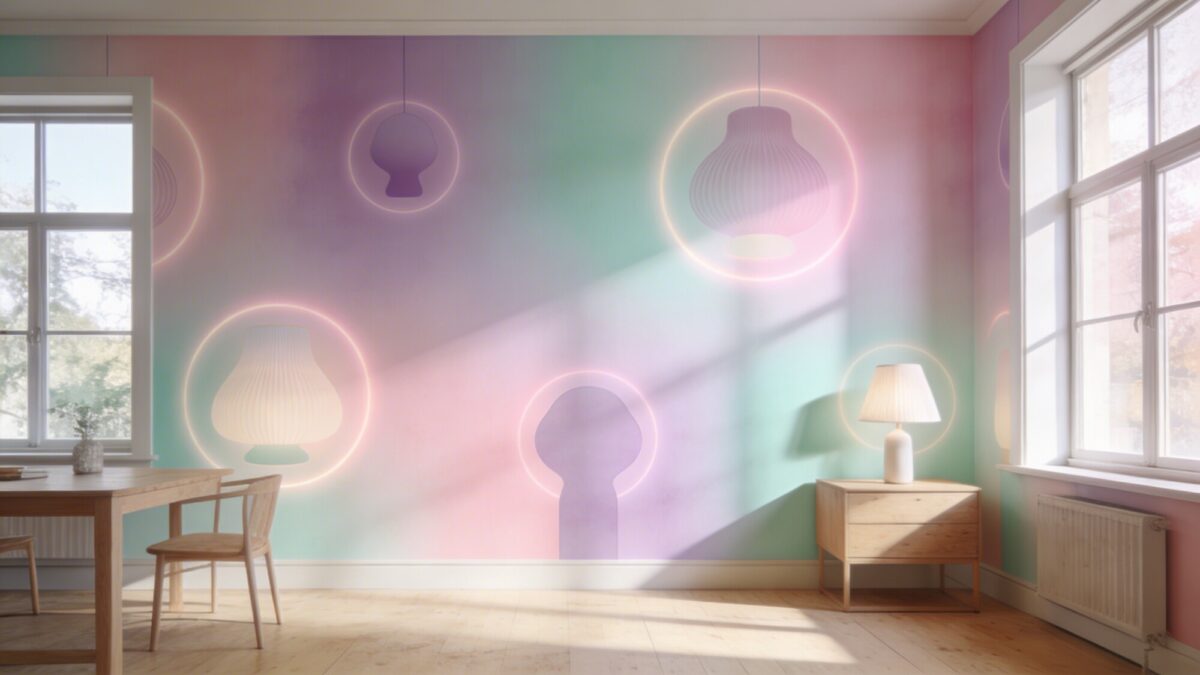 A wall-to-wall wallpaper design inspired by lamp art covers, blending pastel gradients with a gentle glow halo around abstract shapes, in a sunlit room with large windows and light wood furniture.
