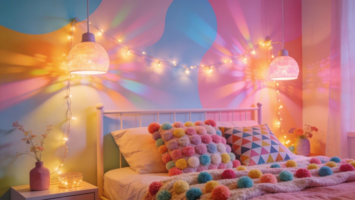 Playful and bright bedroom accent wall: vibrant yet soft lamp-art gradients, whimsical reflections, a string of fairy lights, and cheerful decor like a pom-pom throw and geometric pillows.
