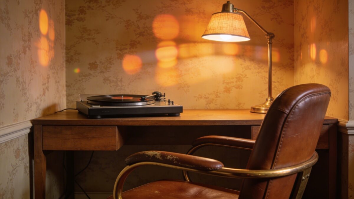 A retro chic study nook with wallpaper that merges hazy reflections and warm amber glows, a vinyl record player, a leather desk chair, and a brass desk lamp casting a cozy light.