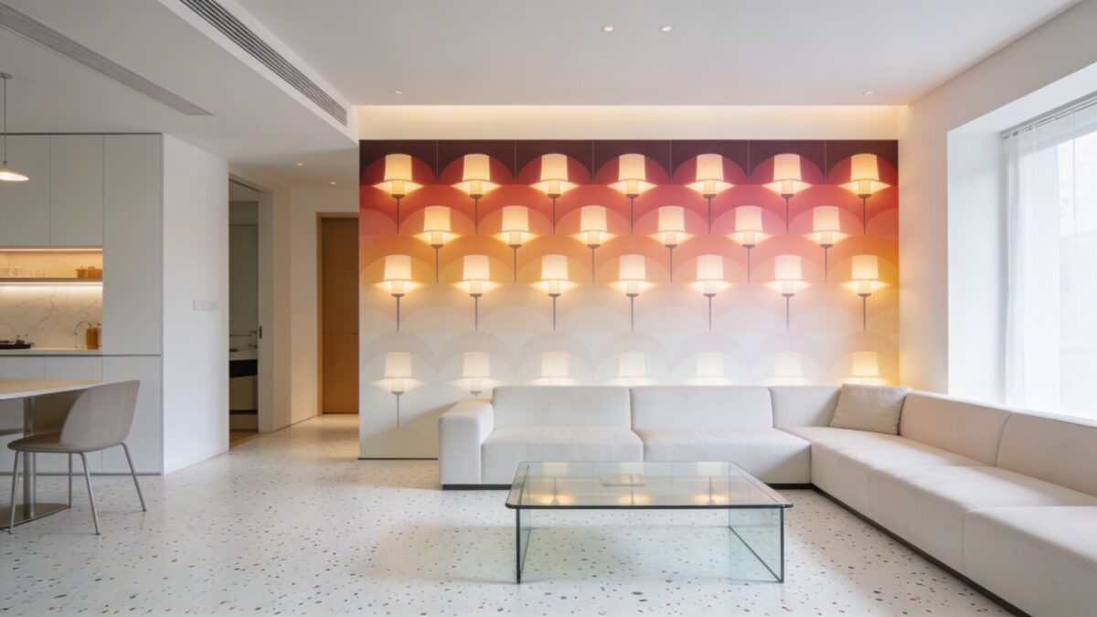 A modern open-plan living space featuring a bold lamp-art wallpaper with layered gradients and subtle glow, paired with white terrazzo flooring and sleek glass coffee table.