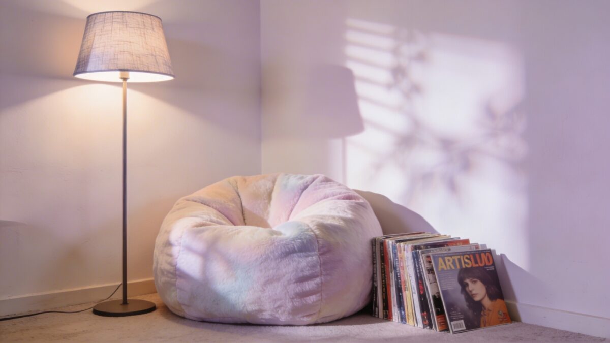 A cozy reading corner in a dorm or studio: lamp artist album cover wallpaper with pale, airy tones, delicate shadows, a floor lamp, a plush bean bag, and a stack of magazines.