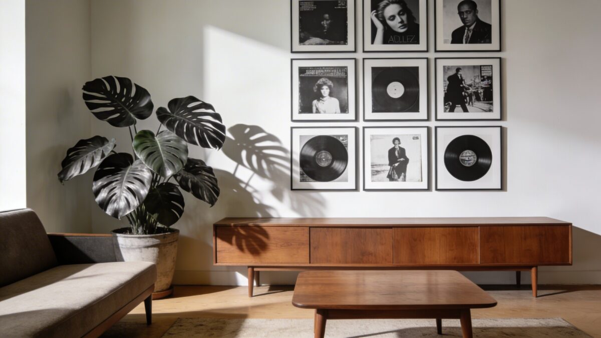 A mid-century modern living room corner bathed in warm natural light, featuring a cohesive wall display of black-and-white iconic album covers arranged in a clean grid, with a low-profile sofa, a teak coffee table, and a potted fiddle-leaf fig, minimal shadows, no text on the prints.