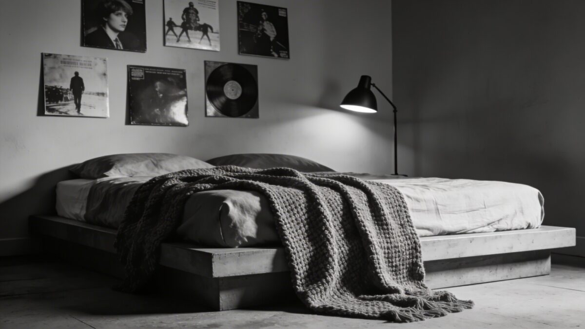 A moody bedroom wall with a monochrome palette, bold high-contrast album covers arranged asymmetrically above a low platform bed, a textured knit throw, and a single black bedside lamp casting soft ambient light.