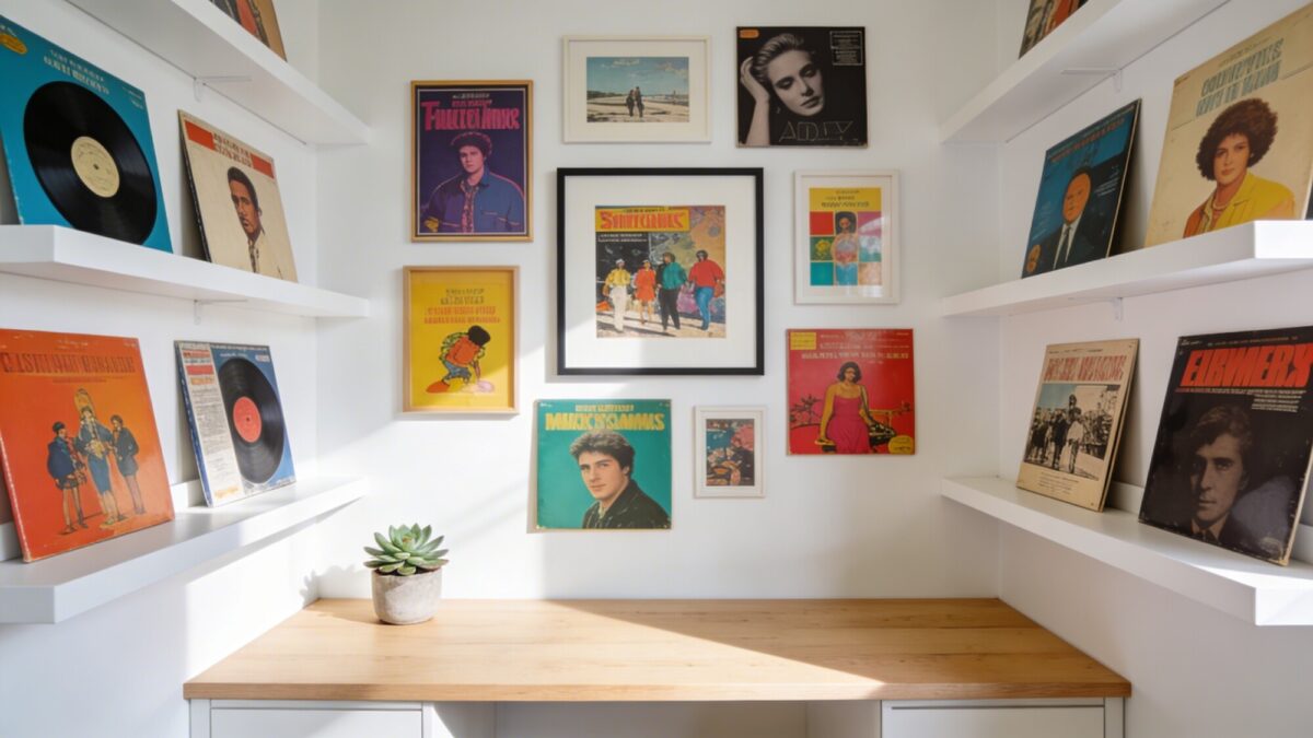 A bright, sunlit study nook with a gallery wall of colorful vintage album covers in a balanced mix of sizes, surrounded by white shelves, a light wood desk, and a small succulent, clean lines and no visible frames artist labels.