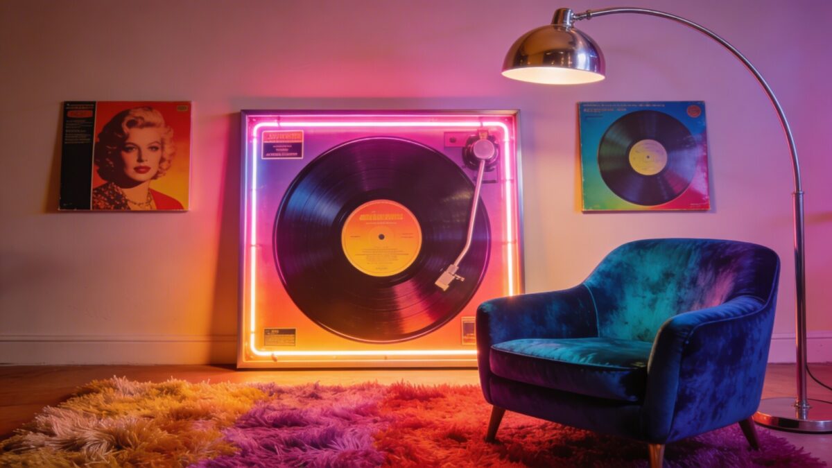 A retro-inspired lounge area featuring a prominent neon-tinted album cover centerpiece, flanked by two smaller covers in coordinating hues, with a velvet armchair, a chrome floor lamp, and a shag rug for texture, no text on visuals.