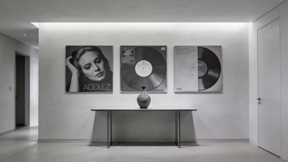 A minimalist hallway vignette with a curated trio of large iconic album covers in grayscale, spaced evenly along a pale plaster wall, paired with a slim console table, a single sculptural vase, and soft indirect lighting.