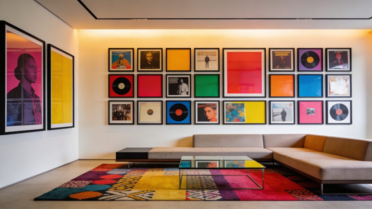 A bold gallery wall in a modern living room using a mix of chromatic album covers framed in slim black frames, arranged in a dynamic grid, complemented by a statement rug, a low-profile sofa, and a glass coffee table to keep the focus on prints.