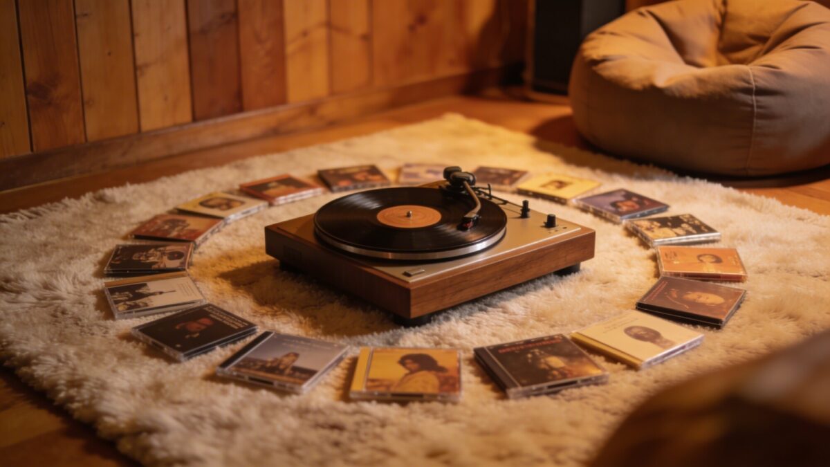 An intimate corner of a music room with a circular arrangement of small and medium album covers around a vintage record player, warm wood paneling, a cozy rug, and a bean bag chair, creating a conversational focal point.