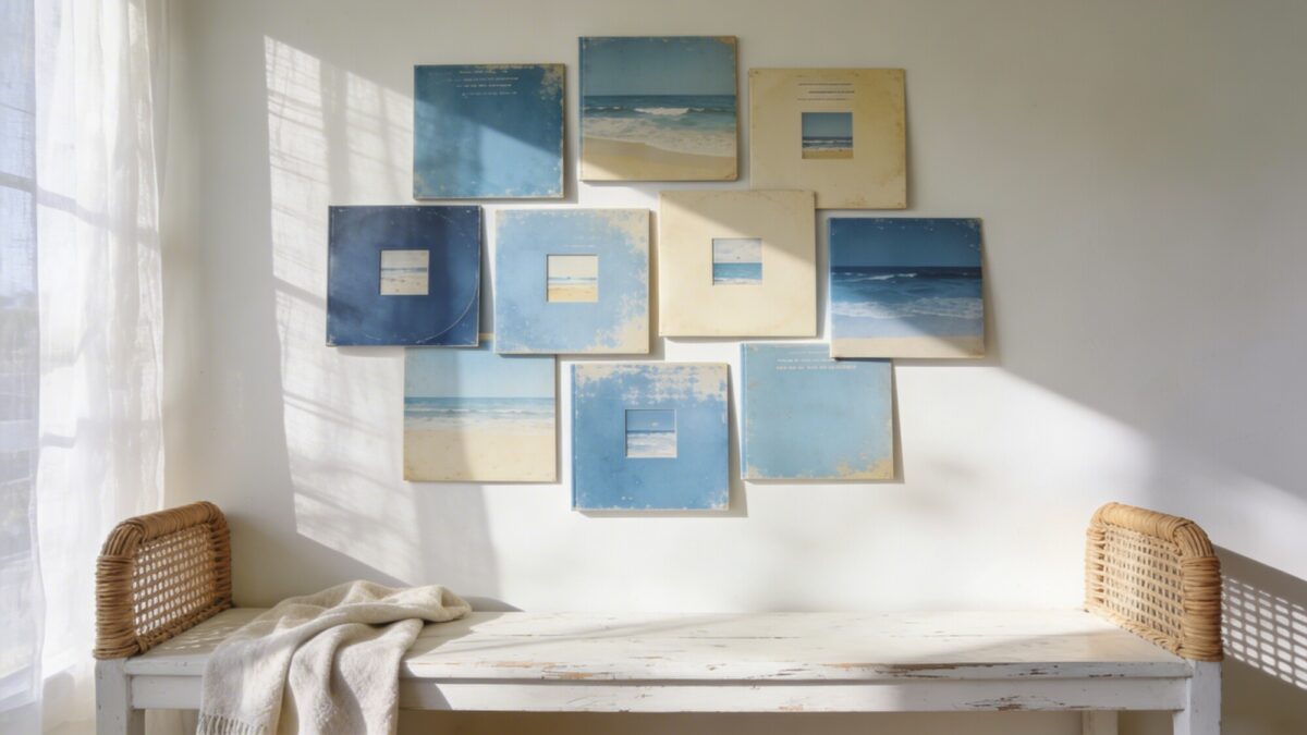 A coastal apartment setup featuring sun-faded, beachy album covers in muted blues and creams, arranged in an organic cluster above a whitewashed bench, with rattan accents, a light throw blanket, and natural light pouring in through a sheer curtain.
