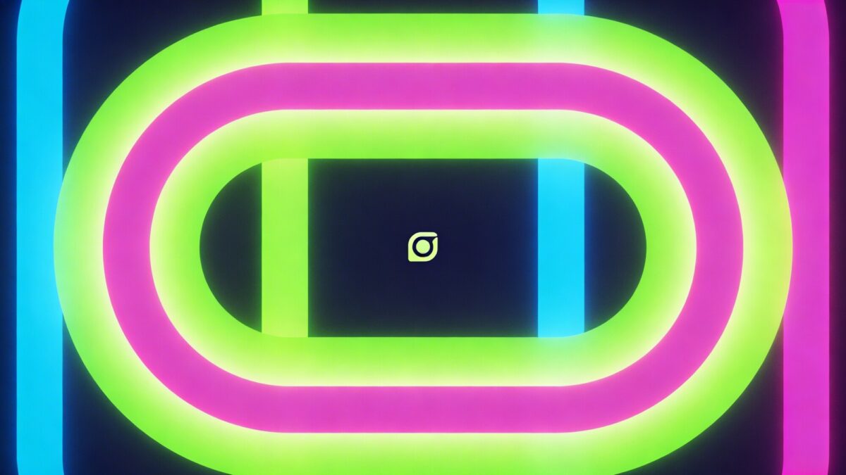 A bold, neon-infused album cover-inspired wallpaper featuring abstract shapes in electric pink, lime green, and electric blue, set against a deep navy background with high-contrast neon glow and extra negative space around a central, unnamed focal point to maintain icon legibility.