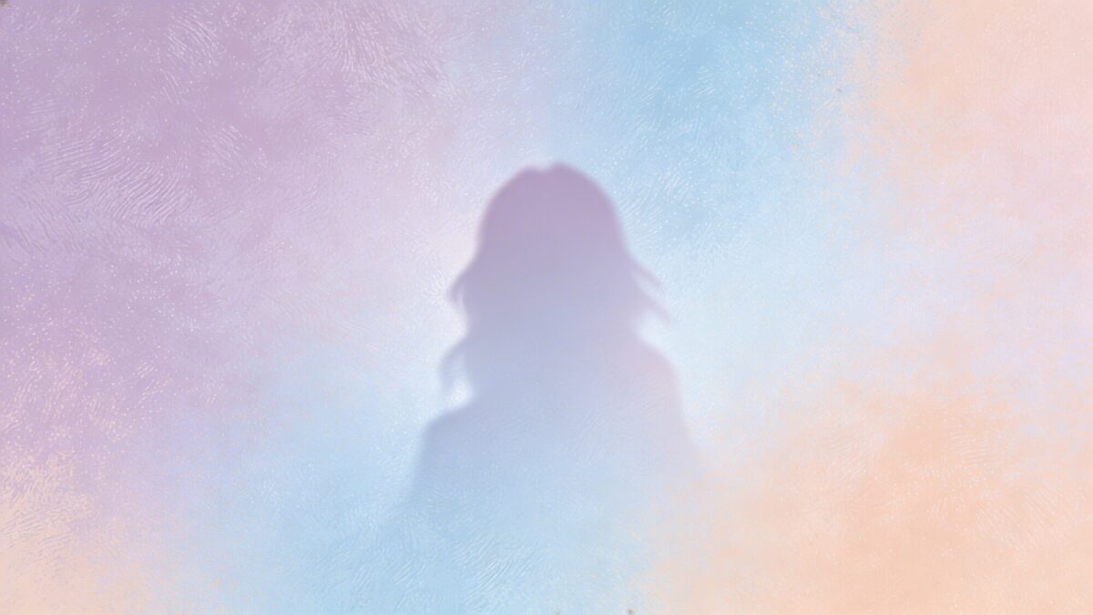A playful pastel-tinged wallpaper scene inspired by New Jeans’ color story: soft lavender, baby blue, and pale peach gradients blending into a subtle grain texture, with a central, enigmatic silhouette and plenty of breathing room around the edges.