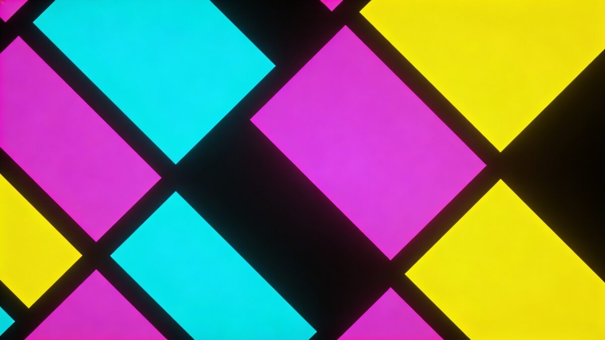 An OLED-friendly wallpaper with a high-contrast neon-on-black composition: sharp geometric blocks in hot pink, electric cyan, and bright yellow arranged in a dynamic diagonal grid, leaving ample negative space for app icons.