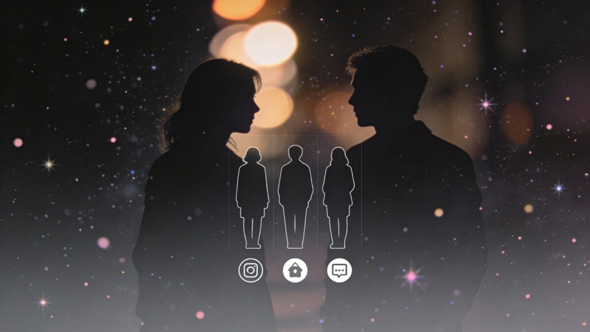 A moody, cinematic collage wallpaper that hints at the album’s mood: silhouetted figures, soft bokeh lights, and pastel stardust particles over a charcoal gradient, balanced to keep central elements clear and icons readable.