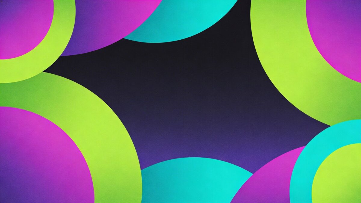 A retro-inspired abstract wallpaper featuring bold, chunky shapes in neon green, magenta, and cyan, layered over a dark gradient with subtle grain and a clean, uncluttered center area.