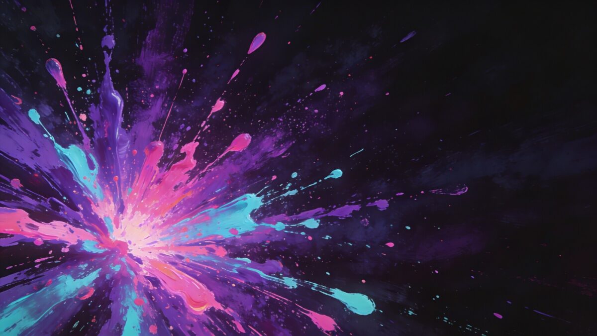 A vibrant, splash-paint wallpaper: splashy neon strokes in purple, pink, and aqua arranged in a radial burst from the bottom-left corner, with a darkened vignette and generous space around the core subject.