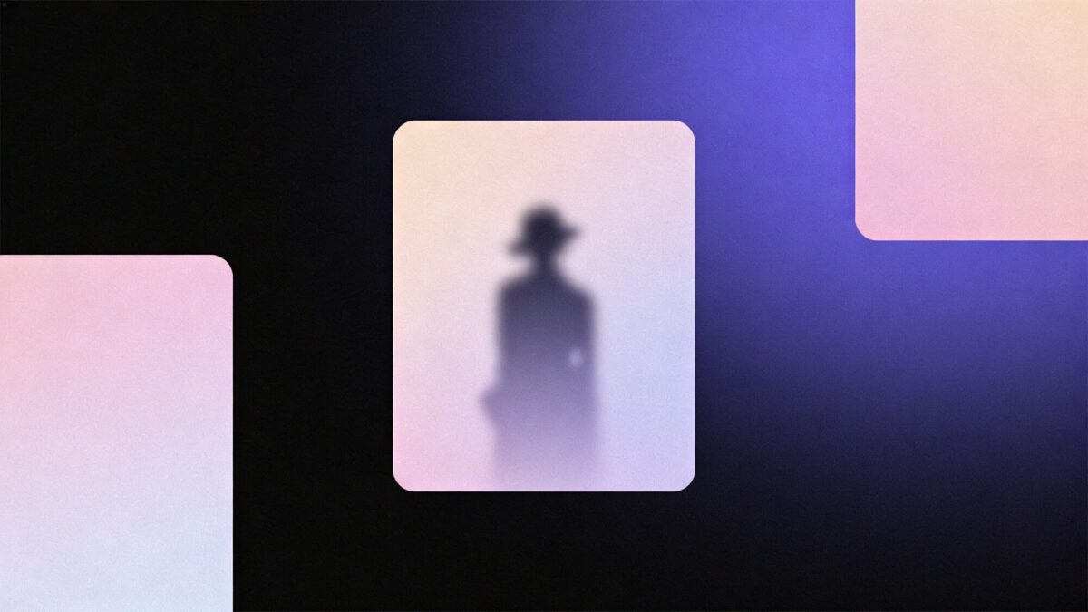 A minimalist portrait-or-noise composite: soft pastel blocks framing a faint, stylized figure in the distance, with high-contrast edges and a black-to-indigo gradient background to maximize icon contrast.