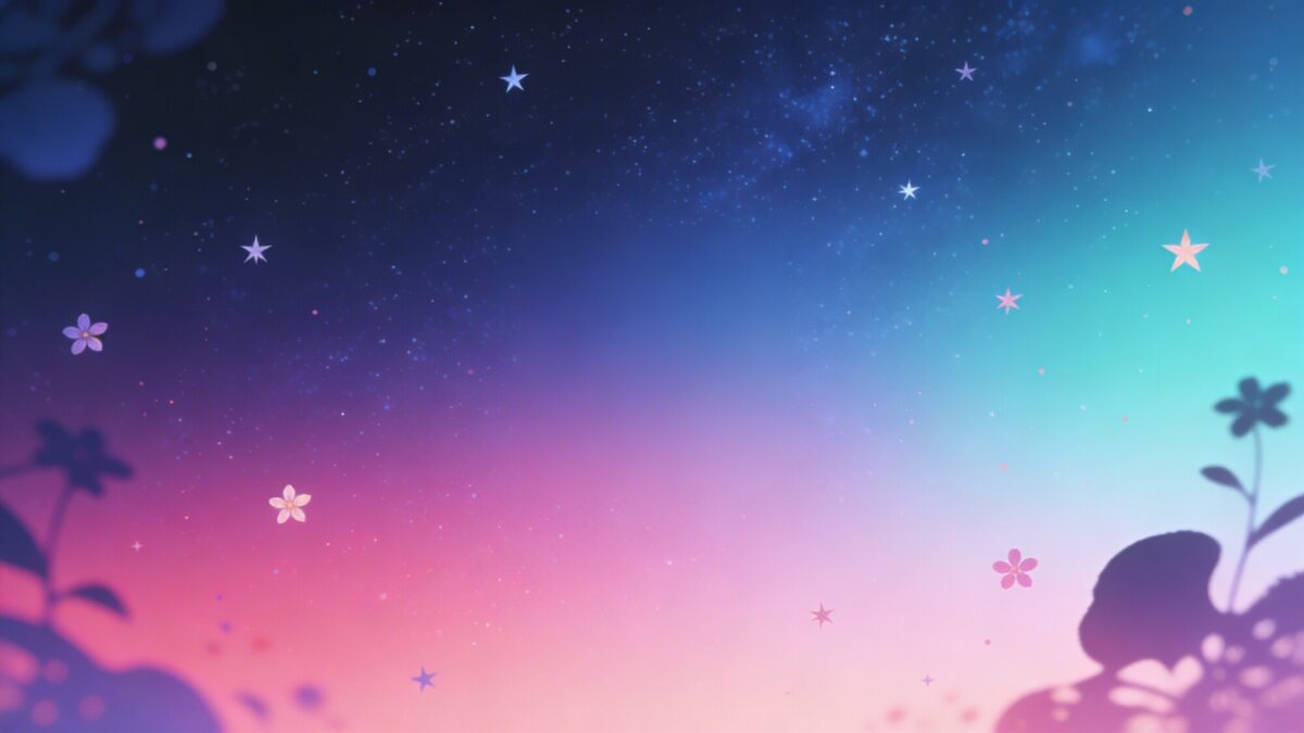 A gradient galaxy wallpaper: deep space blue fading into hot pink and mint, dotted with tiny star blooms and abstract silhouettes, designed to keep central zones free of detail for clean app icon placement.
