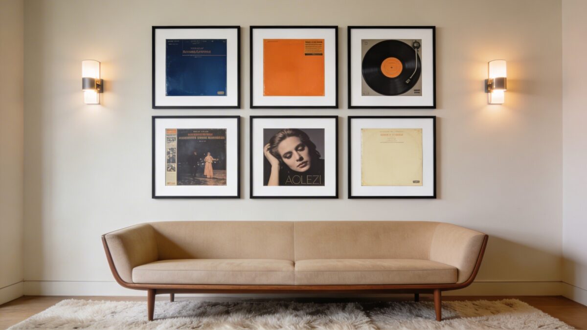 A living room gallery wall featuring five album covers arranged in a cohesive grid, with matching slim black frames and white mats, balanced color palette of deep blues, warm oranges, and cream tones, soft ambient lighting from wall sconces, a mid-century sofa in neutral beige, and a plush rug; no text on the images.
