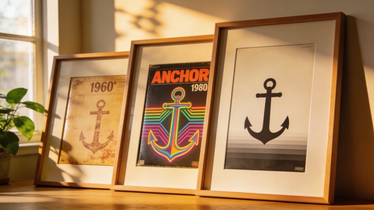 Close-up of three anchor album covers from different decades (one vintage 1960s, one 1980s bold graphic, one modern minimalist) displayed in a staggered, asymmetric layout, identical frames, warm natural light streaming through a nearby window, with a hint of greenery in the room.