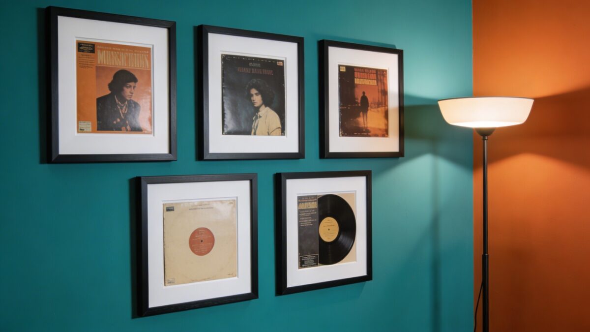 A bold gallery wall focusing on two dominant colors (teal and burnt orange) using five album covers, uniform white matting inside matte black frames, mixed vertical and horizontal orientations, floor lamp casting soft downward light to create subtle shadows on the art.