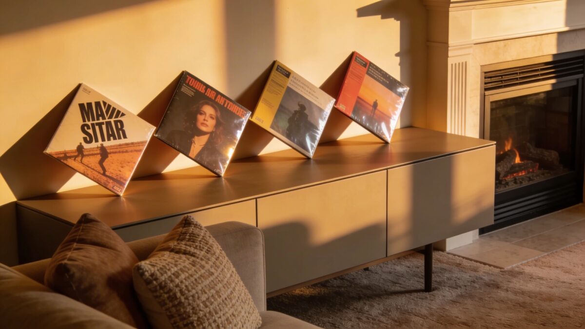 An album cover wall near a fireplace: four frames arranged in a dynamic zigzag pattern above a low-profile credenza, the covers featuring strong typography and graphic elements, soft golden-hour lighting, and a cozy seating area with textured throw pillows.