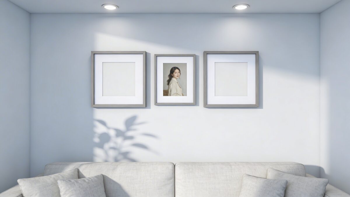 A bright, airy living room with a three-cover focal row centered above a sofa, two larger square frames flanking a smaller portrait-oriented cover, all in matching frames with white mats, cool-toned lighting from recessed ceiling fixtures, and a subtle plant silhouette in the background.