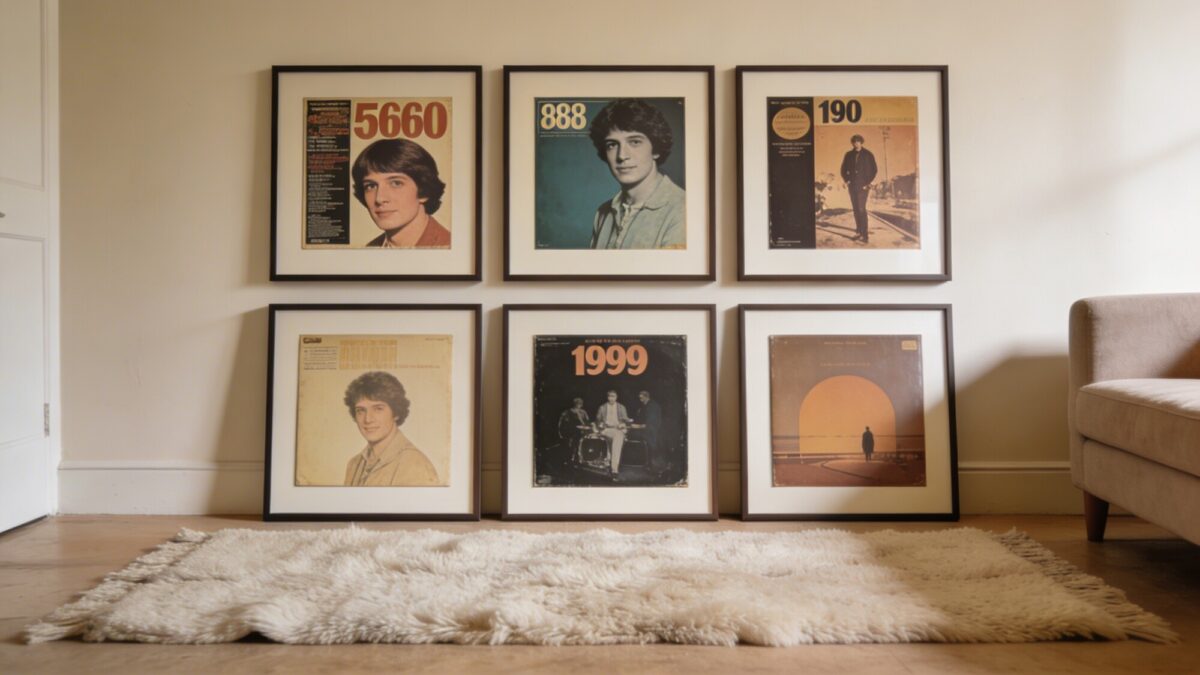 A curated multi-decade mix: six album covers—one from the 60s, two from the 80s, one from the 90s, and two contemporary—arranged in two rows with equal margins, frames aligned, color palette repeating across pieces, living room with beige walls and a cozy wool rug, soft natural daylight filling the space.