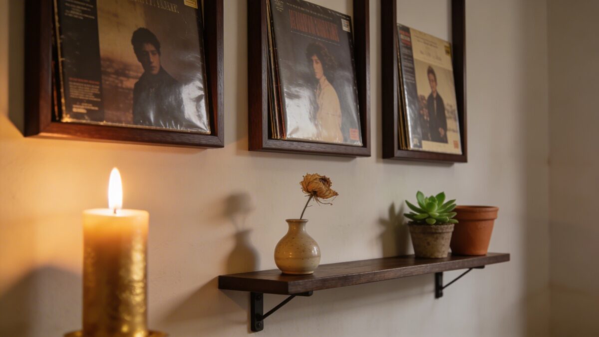 An intimate corner vignette: three vertically stacked album covers in a tall, narrow display with identical frames, a wall-mounted shelf underneath holding a single decorative object, warm candlelight and a small potted plant creating a calm, gallery-like atmosphere without text on the images.