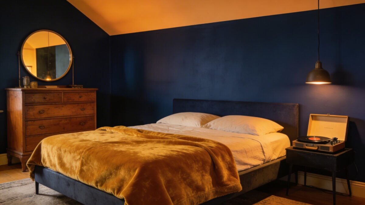A cozy bedroom transformed into an album-cover-inspired space: warm amber lighting, deep navy walls as the primary color, a plush velvet mustard throw, and a vintage wooden dresser with a circular mirror, all arranged with a low-profile bed and a small record player on the side, no text visible.