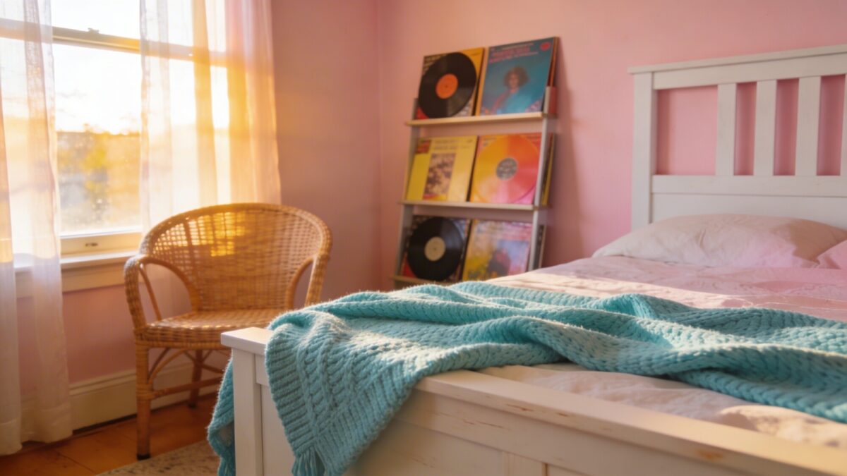 Bright indie vibe: sunlit pastel room with pale pink walls, a white wood bed frame, a cozy knit turquoise throw, a shelf of colorful records, a rattan chair, and soft natural light streaming through sheer curtains, no text.
