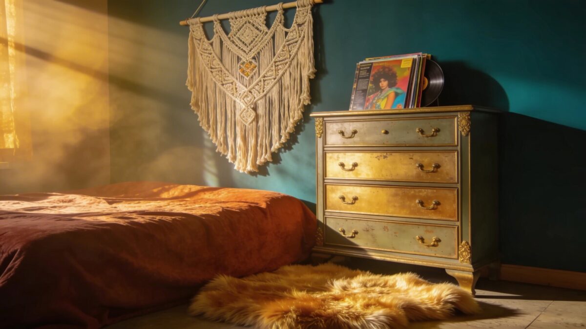 Golden hour luxe mood: warm gold and deep teal palette, a macramé wall hanging above a rust-toned bedspread, a vintage dresser with brass accents, a soft faux fur rug, and a stack of vinyl sleeves as decor, no text.